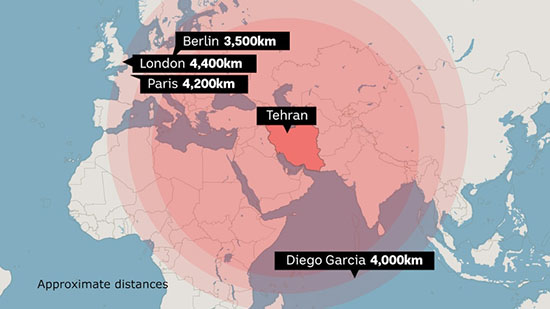 Graphic shows how far Berlin, Paris and London are from Iran highlighting a 4,000 km missile radius in red.